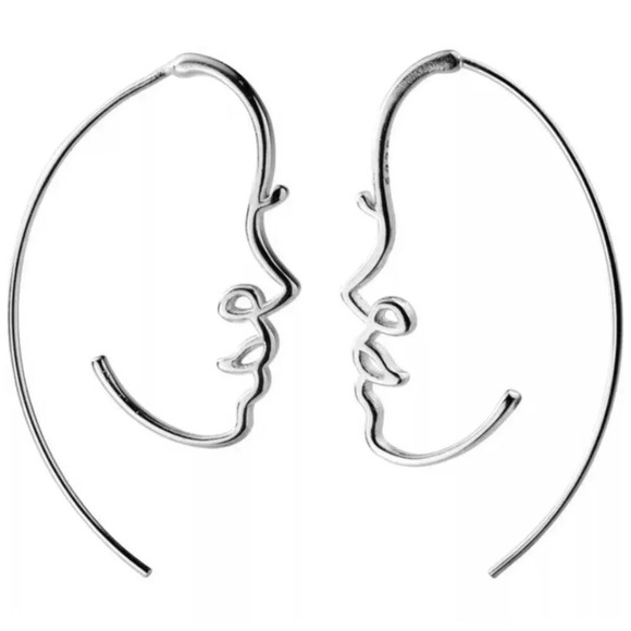 925 Sterling Silver Abstract Face Earrings Face Hoop Earrings Gold or Silver - Picture 4 of 5